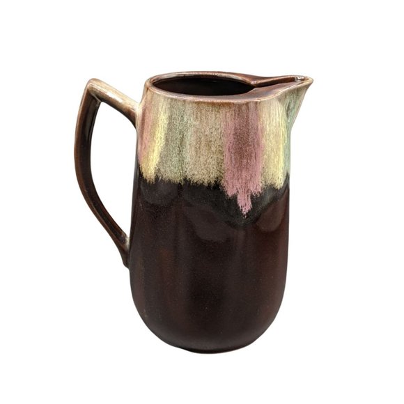 Brown Drip Redware Pitcher  w Ice Lip Color Splash Pink Green Glazed Terracotta - Picture 7 of 9